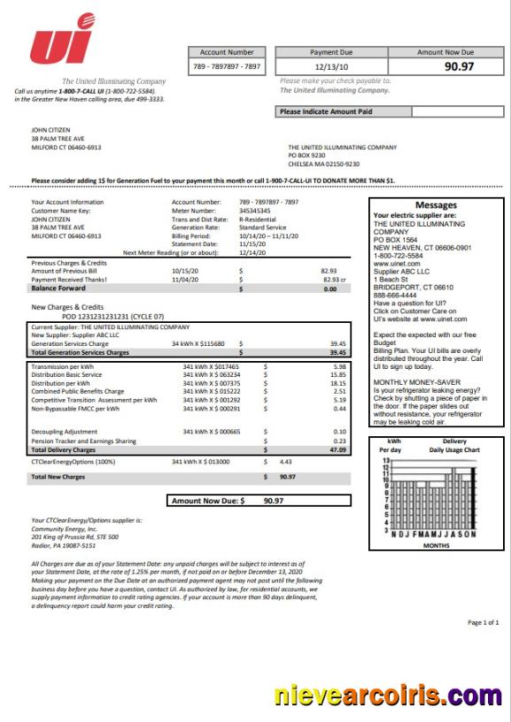 USA Connecticut The United Illuminating Company electricity utility bill